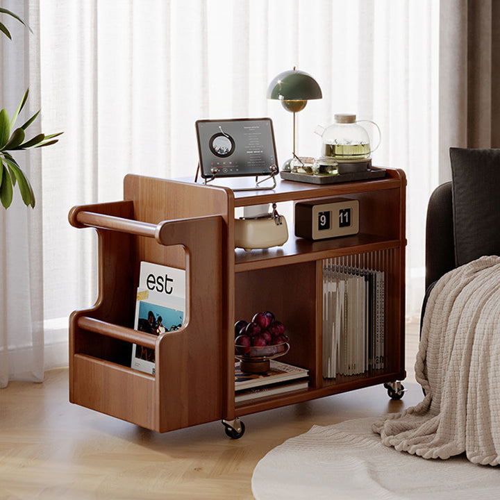 Contemporary Creative Rectangular Handcart-Shaped Glass Solid Wood Side Table 3-Tier For Bedroom
