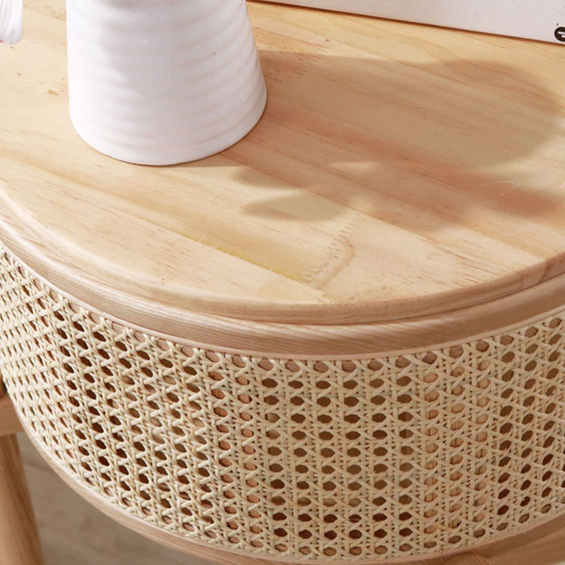 Contemporary Boho Cylindrical Rattan Ash Wood Side Table 1-Storage For Living Room