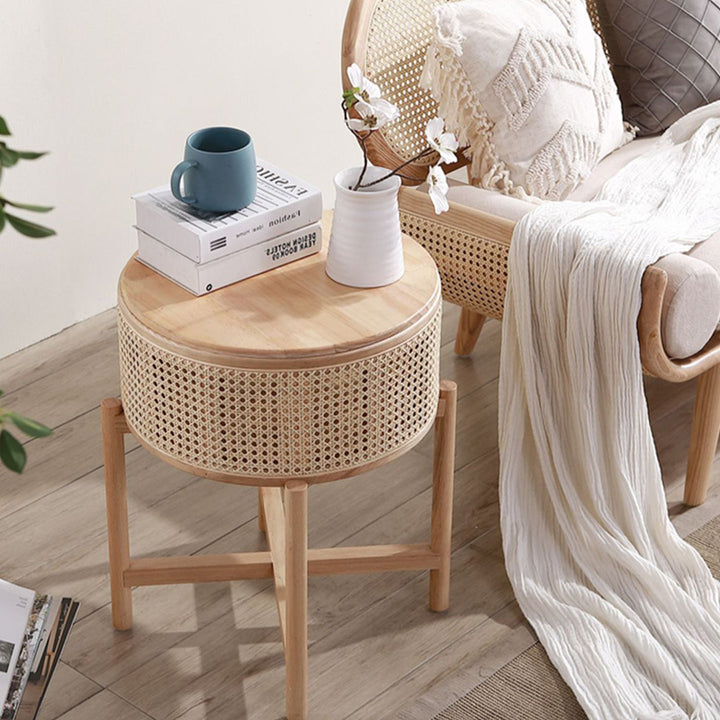 Contemporary Boho Cylindrical Rattan Ash Wood Side Table 1-Storage For Living Room