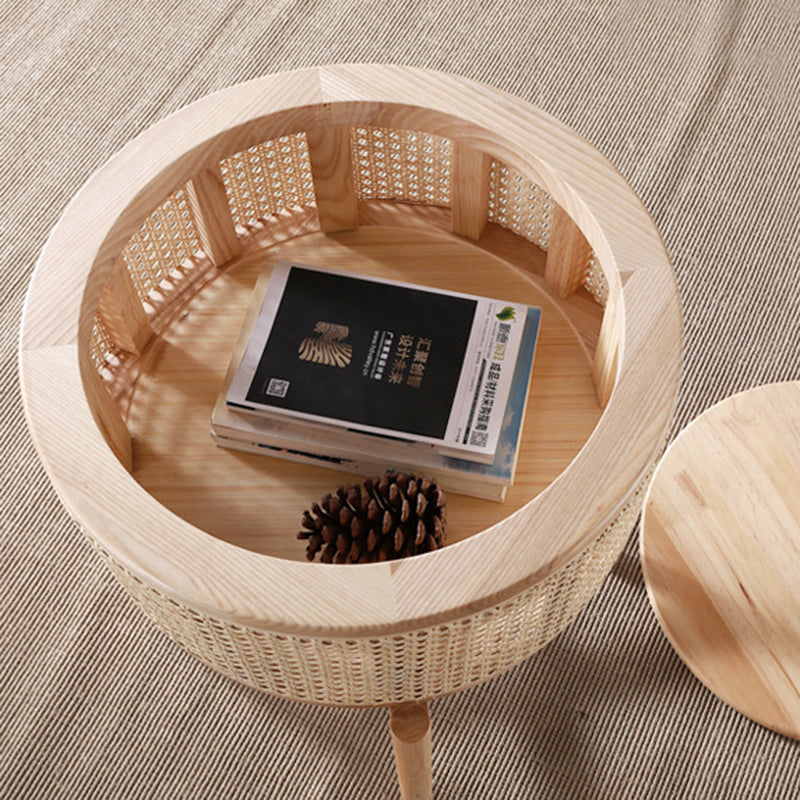 Contemporary Boho Cylindrical Rattan Ash Wood Side Table 1-Storage For Living Room