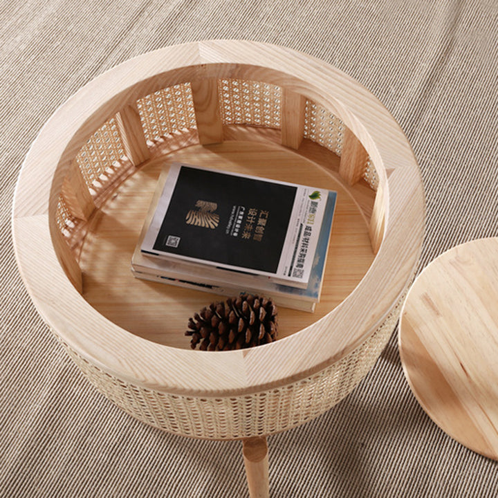 Contemporary Boho Cylindrical Rattan Ash Wood Side Table 1-Storage For Living Room