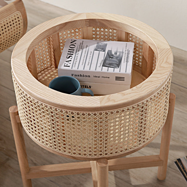 Contemporary Boho Cylindrical Rattan Ash Wood Side Table 1-Storage For Living Room