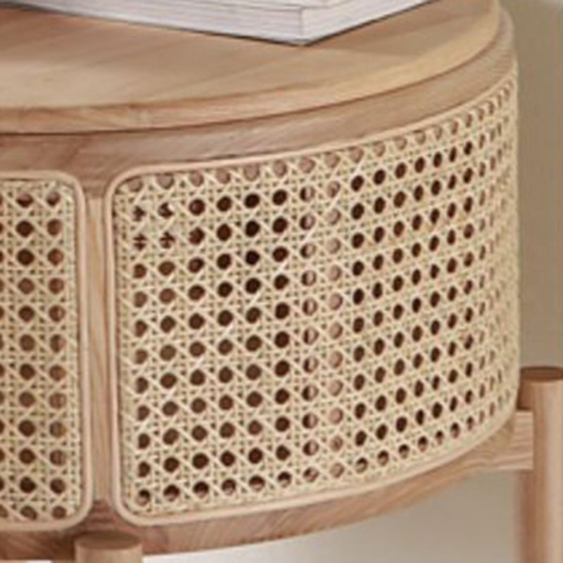 Contemporary Boho Cylindrical Rattan Ash Wood Side Table 1-Storage For Living Room