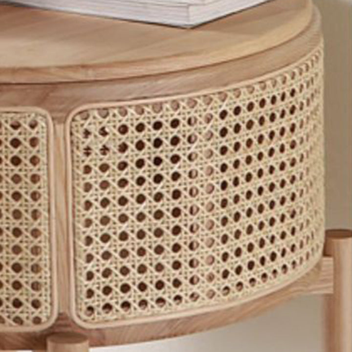 Contemporary Boho Cylindrical Rattan Ash Wood Side Table 1-Storage For Living Room