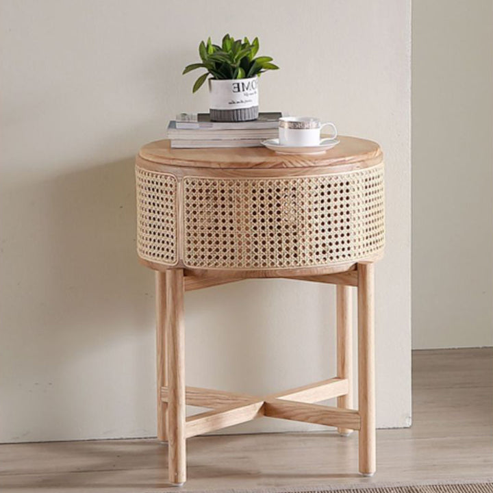 Contemporary Boho Cylindrical Rattan Ash Wood Side Table 1-Storage For Living Room