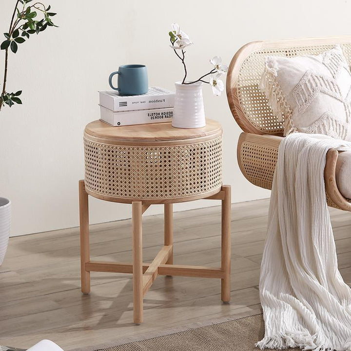 Contemporary Boho Cylindrical Rattan Ash Wood Side Table 1-Storage For Living Room