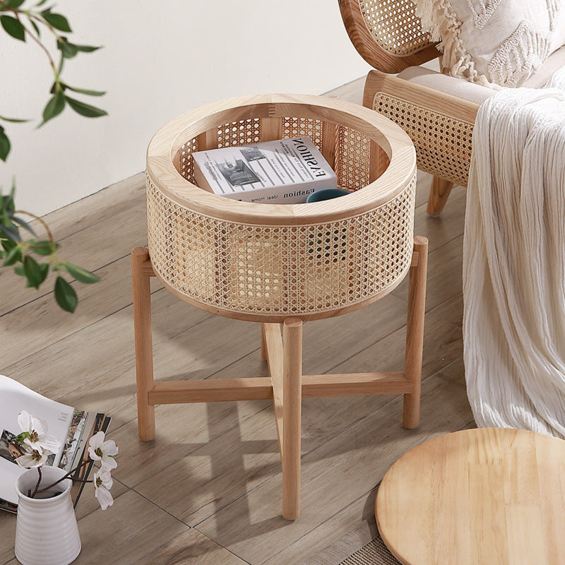 Contemporary Boho Cylindrical Rattan Ash Wood Side Table 1-Storage For Living Room