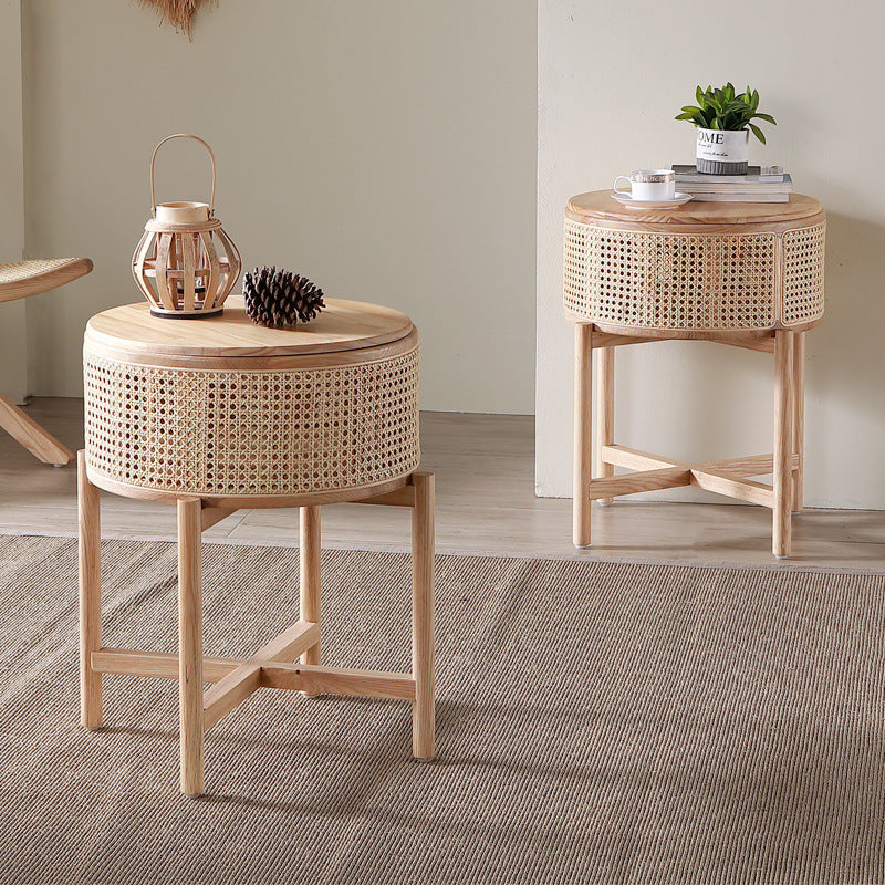 Contemporary Boho Cylindrical Rattan Ash Wood Side Table 1-Storage For Living Room