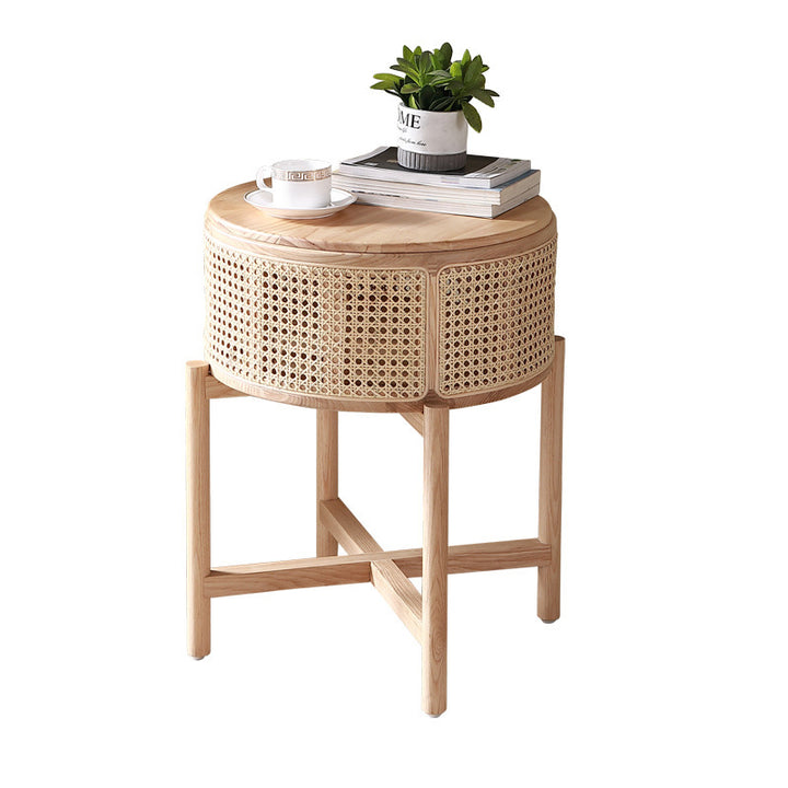 Contemporary Boho Cylindrical Rattan Ash Wood Side Table 1-Storage For Living Room
