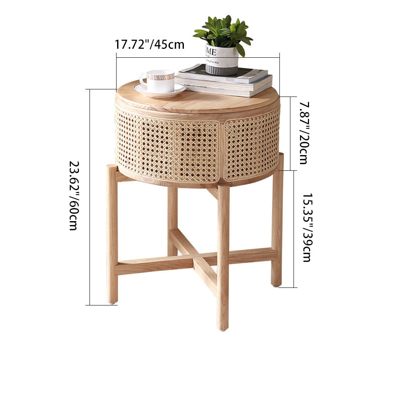 Contemporary Boho Cylindrical Rattan Ash Wood Side Table 1-Storage For Living Room