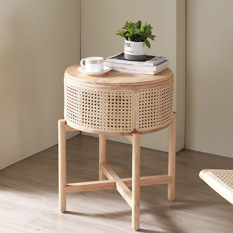 Contemporary Boho Cylindrical Rattan Ash Wood Side Table 1-Storage For Living Room