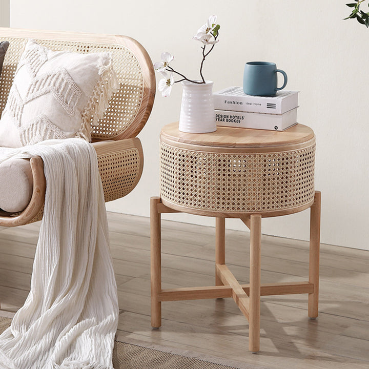 Contemporary Boho Cylindrical Rattan Ash Wood Side Table 1-Storage For Living Room