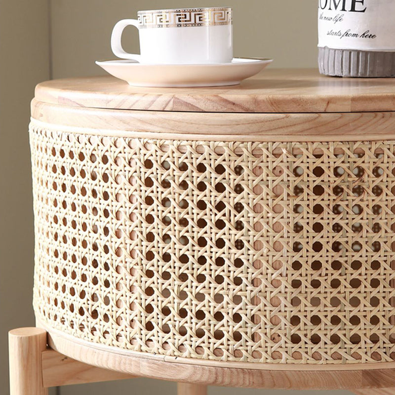 Contemporary Boho Cylindrical Rattan Ash Wood Side Table 1-Storage For Living Room