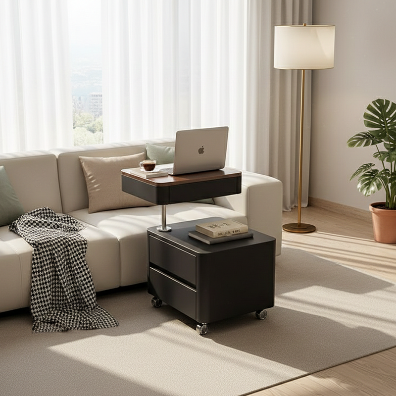 Moderner minimalistischer rechteckiger Beistelltisch aus Massivholz, mitteldichter Faserplatte, Kunstleder und Stahl mit 3 Schubladen für das Wohnzimmer 