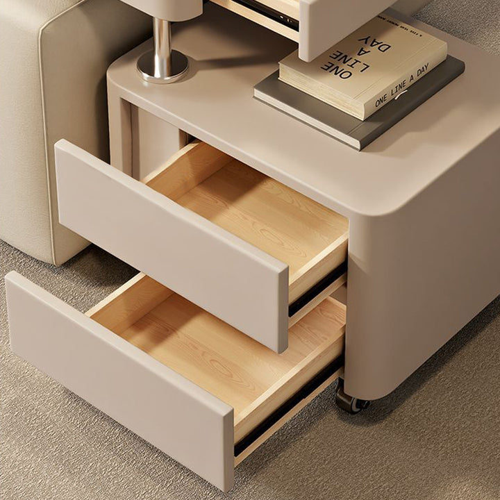 Moderner minimalistischer rechteckiger Beistelltisch aus Massivholz, mitteldichter Faserplatte, Kunstleder und Stahl mit 3 Schubladen für das Wohnzimmer 