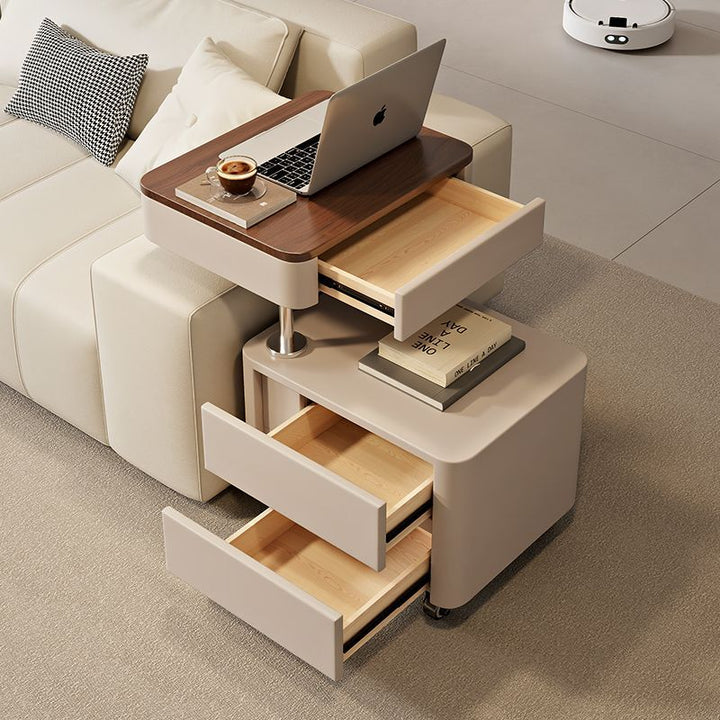 Moderner minimalistischer rechteckiger Beistelltisch aus Massivholz, mitteldichter Faserplatte, Kunstleder und Stahl mit 3 Schubladen für das Wohnzimmer 