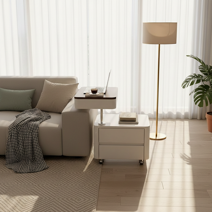 Moderner minimalistischer rechteckiger Beistelltisch aus Massivholz, mitteldichter Faserplatte, Kunstleder und Stahl mit 3 Schubladen für das Wohnzimmer 
