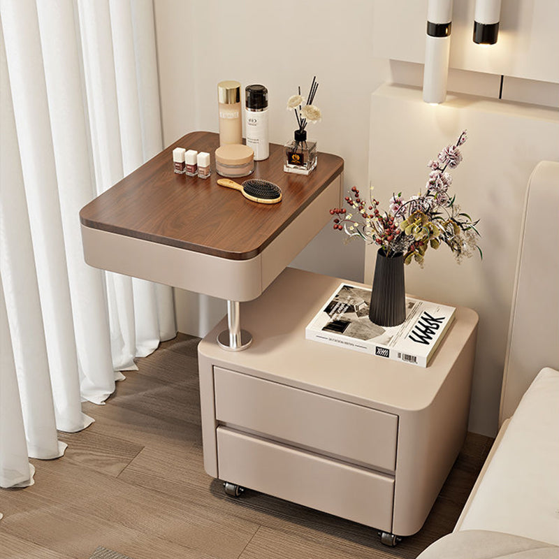 Moderner minimalistischer rechteckiger Beistelltisch aus Massivholz, mitteldichter Faserplatte, Kunstleder und Stahl mit 3 Schubladen für das Wohnzimmer 