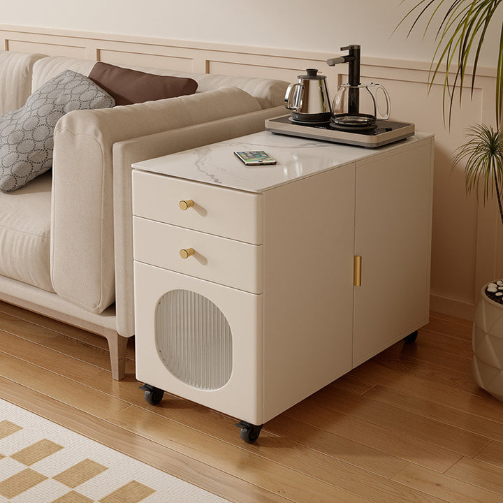 Modern Minimalist Rectangular Multi-Layer Plywood Stone Slab Pine Wood Cat's Paw Leather Side Table 2-Drawer For Living Room