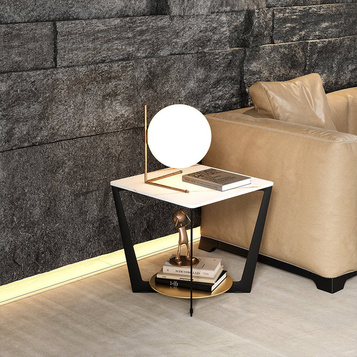 Modern Art Decor Rectangular Stone Slab Iron Side Table 2-Tier For Living Room
