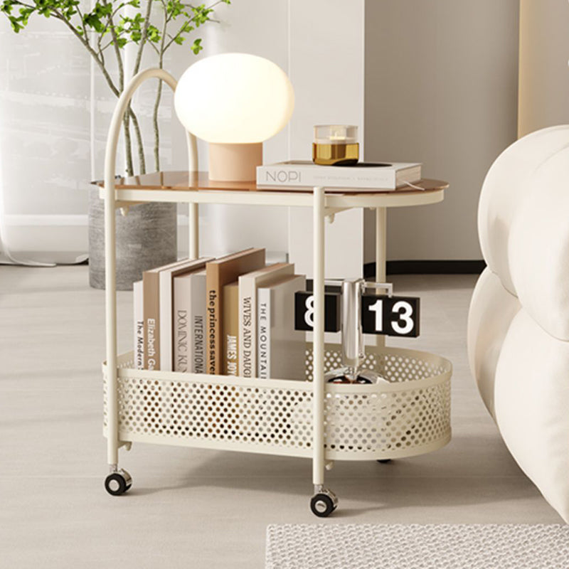Moderner minimalistischer gewölbter Beistelltisch aus Kohlenstoffstahl mit gehärtetem Glas, 2-stufig, für das Wohnzimmer 