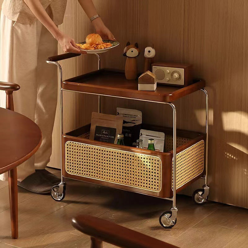 Mesa Auxiliar de Acero Inoxidable con Forma de Carro Japonés Tradicional de Madera Maciza y Ratán de 2 Niveles para Sala de Estar 
