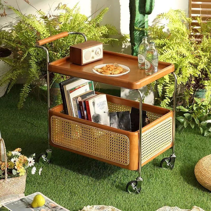 Traditional Japanese Cart-Shaped Stainless Steel Solid Wood Rattan Side Table 2-Tier For Living Room