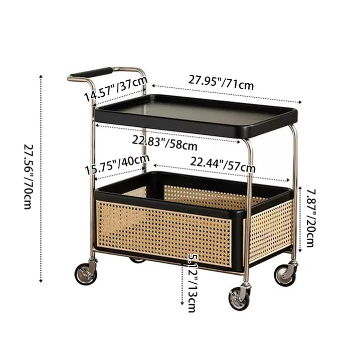 Traditional Japanese Cart-Shaped Stainless Steel Solid Wood Rattan Side Table 2-Tier For Living Room