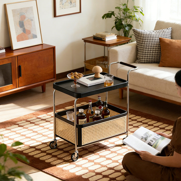 Mesa Auxiliar de Acero Inoxidable con Forma de Carro Japonés Tradicional de Madera Maciza y Ratán de 2 Niveles para Sala de Estar 