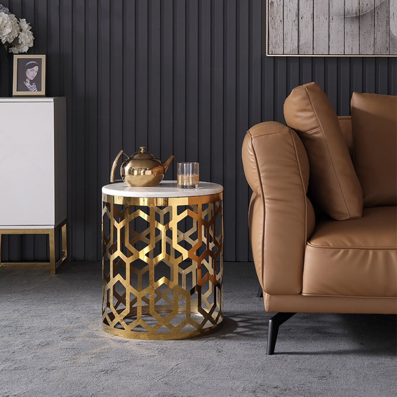 Mesa Auxiliar Cilíndrica de Mármol y Acero Inoxidable de Lujo Contemporáneo con 1 Almacenamiento para Sala de Estar 