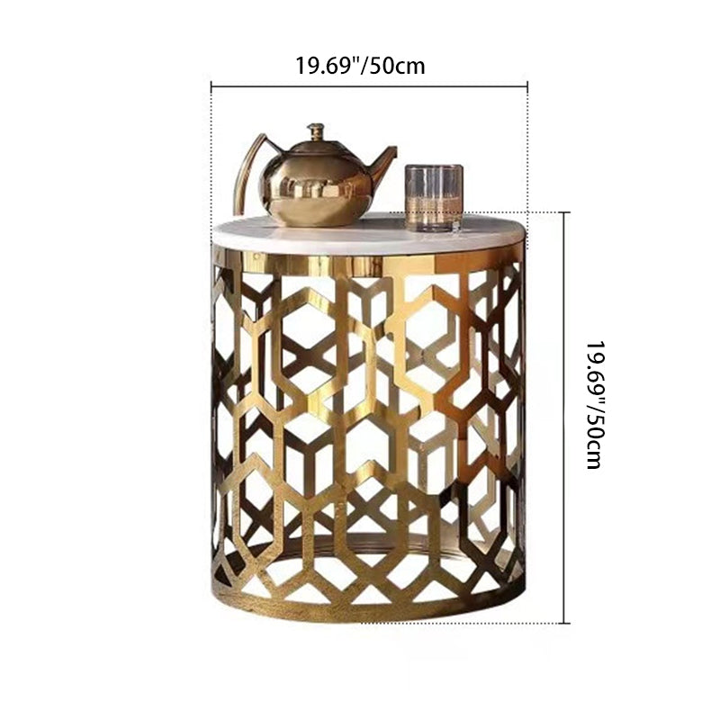 Mesa Auxiliar Cilíndrica de Mármol y Acero Inoxidable de Lujo Contemporáneo con 1 Almacenamiento para Sala de Estar 
