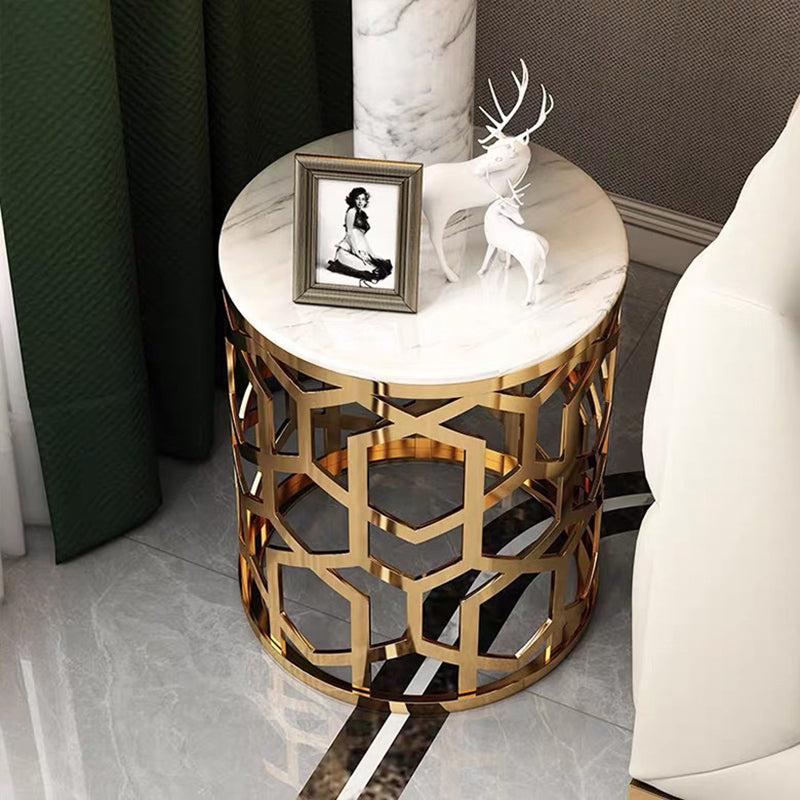 Mesa Auxiliar Cilíndrica de Mármol y Acero Inoxidable de Lujo Contemporáneo con 1 Almacenamiento para Sala de Estar 