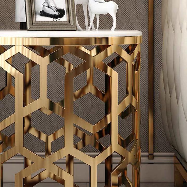 Mesa Auxiliar Cilíndrica de Mármol y Acero Inoxidable de Lujo Contemporáneo con 1 Almacenamiento para Sala de Estar 