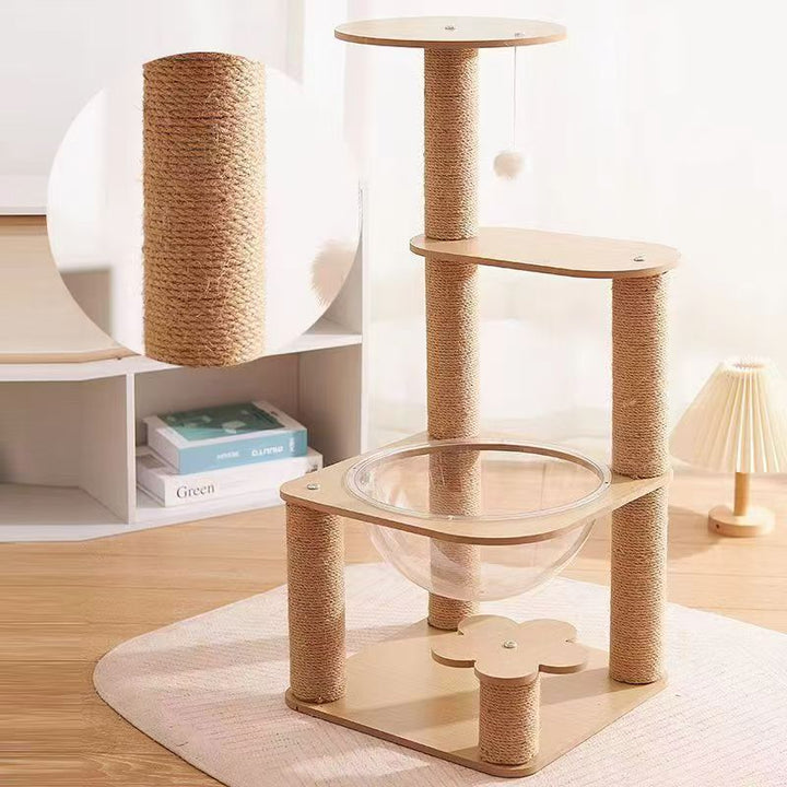 現代的なクリエイティブな円筒形の花の形をした中密度ファイバーボードの麻縄プラスチック製キャットツリー（リビングルーム用） 