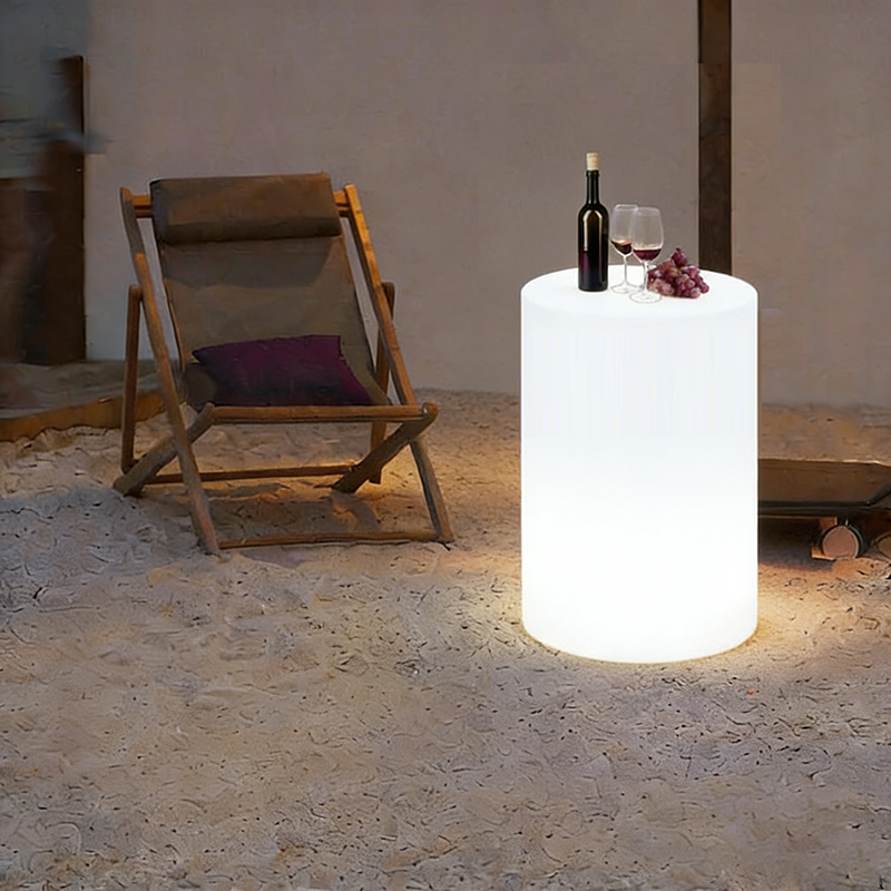 Modern Minimalist Cylindrical PE Outdoor Waterproof Remote-Controlled Illuminated LED Coffee Table 1-Tier For Outdoor Patio