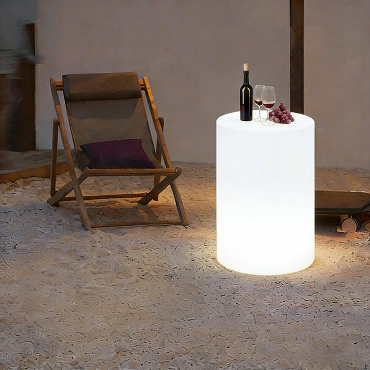 Modern Minimalist Cylindrical PE Outdoor Waterproof Remote-Controlled Illuminated LED Coffee Table 1-Tier For Outdoor Patio