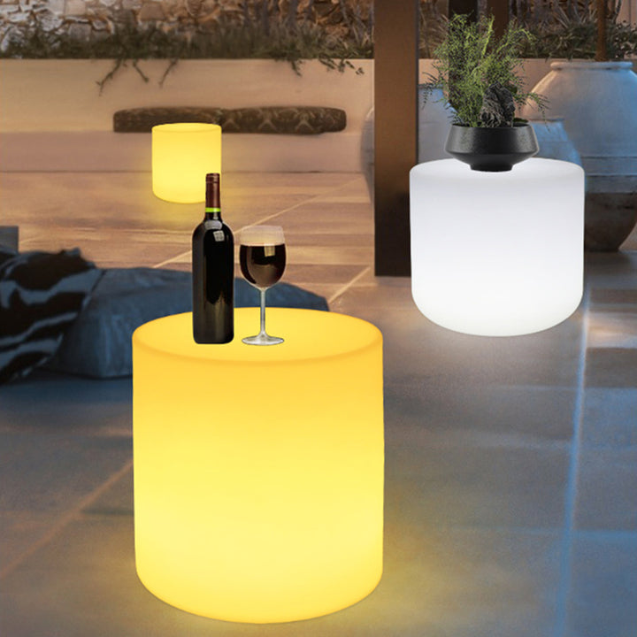 Modern Minimalist Cylindrical PE Outdoor Waterproof Remote-Controlled Illuminated LED Coffee Table 1-Tier For Outdoor Patio