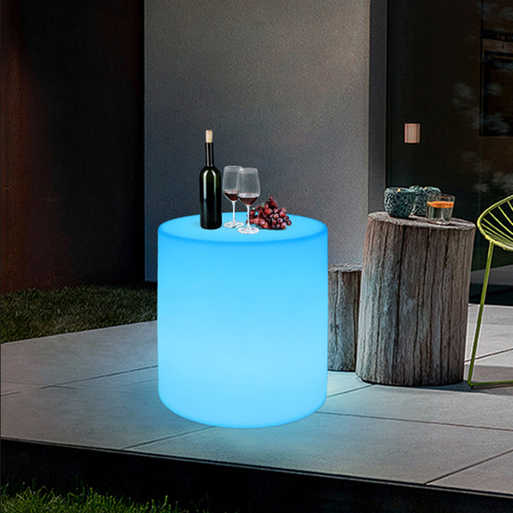 Modern Minimalist Cylindrical PE Outdoor Waterproof Remote-Controlled Illuminated LED Coffee Table 1-Tier For Outdoor Patio
