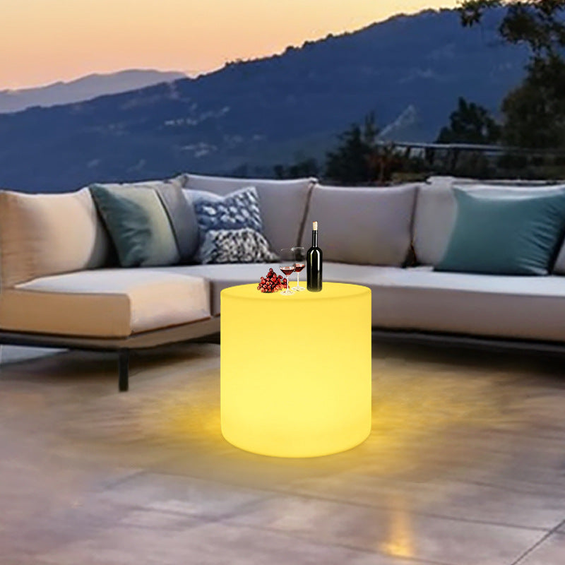 Modern Minimalist Cylindrical PE Outdoor Waterproof Remote-Controlled Illuminated LED Coffee Table 1-Tier For Outdoor Patio