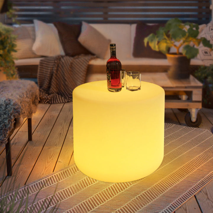 Modern Minimalist Cylindrical PE Outdoor Waterproof Remote-Controlled Illuminated LED Coffee Table 1-Tier For Outdoor Patio