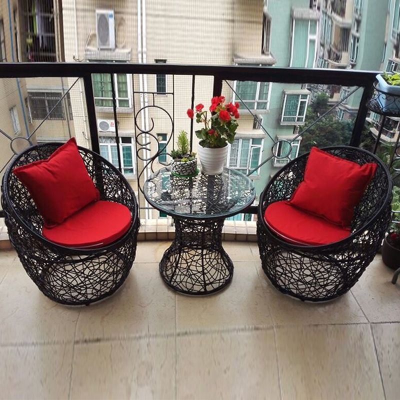 Modern Minimalist Curved Iron PE Rattan Tempered Glass Patio Dining Set 1-Tier For Outdoor