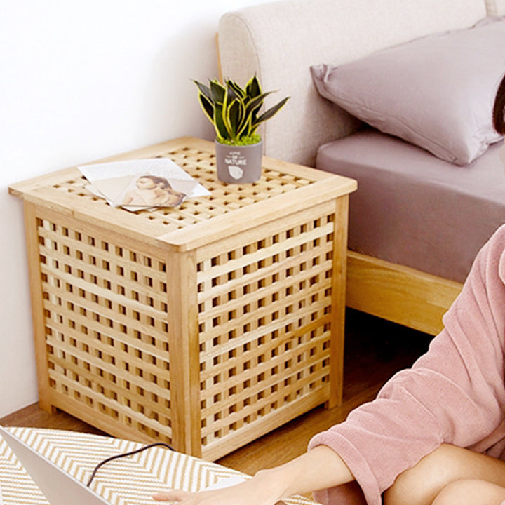 Traditional Japanese Rectangular Pine Wood Side Table 1-Storage For Living Room