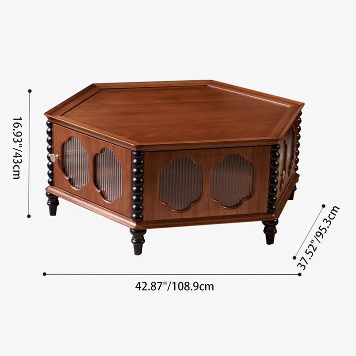 Traditioneller Vintage Hexagonaler Mahagoni-Gummibaum Mehrschichtiger Massivholz-Couchtisch mit 1 Ablage für Wohnzimmer 