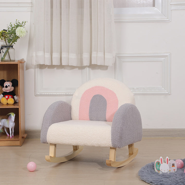 Chaise à bascule en bois massif avec accoudoirs et dossier, ourson arc-en-ciel créatif contemporain en peluche pour enfants, pour salon 