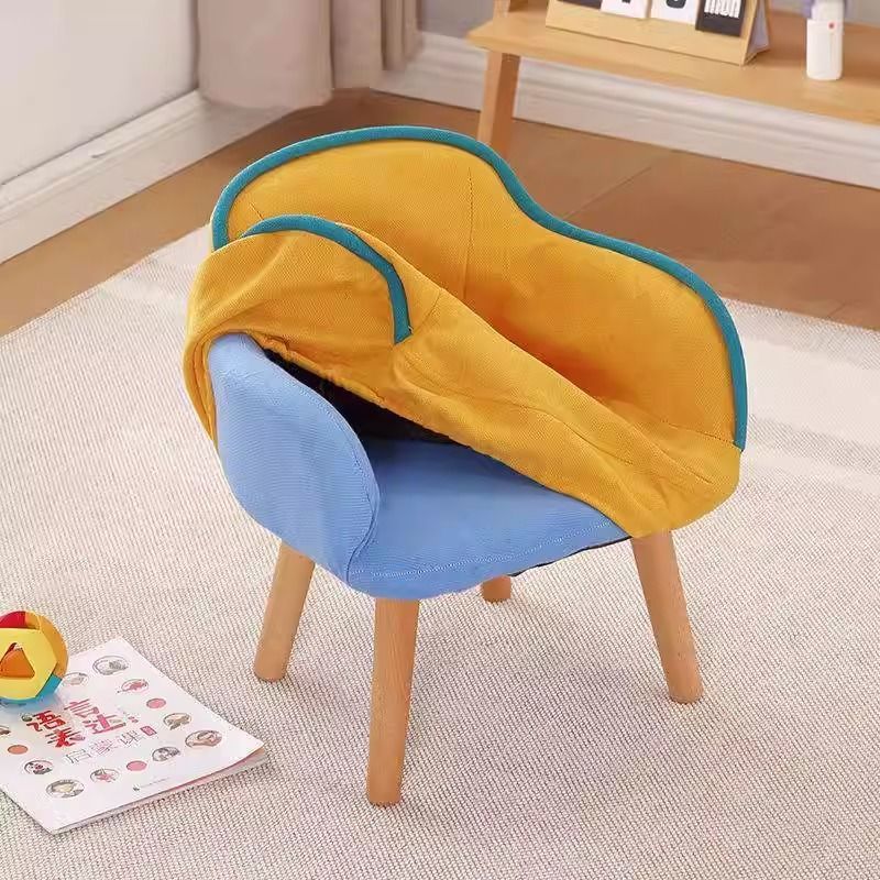 Contemporary Creative Curved Kids Linen-Cotton Solid Wood Accent Chair Backrest Armrest For Living Room