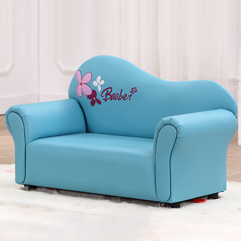 Canapé pour enfants moderne minimaliste rectangulaire à bords arrondis en bois massif et cuir PU, avec dossier et accoudoirs, pour salon 