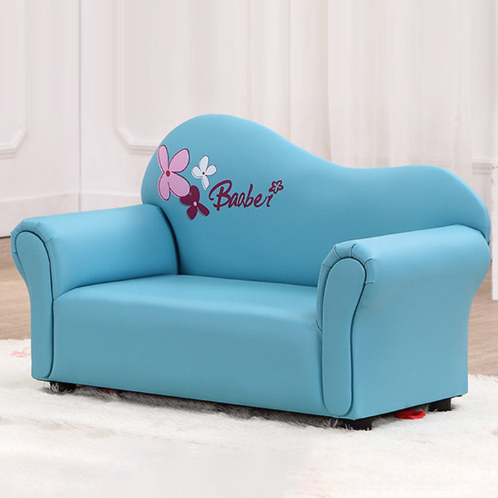 Canapé pour enfants moderne minimaliste rectangulaire à bords arrondis en bois massif et cuir PU, avec dossier et accoudoirs, pour salon 