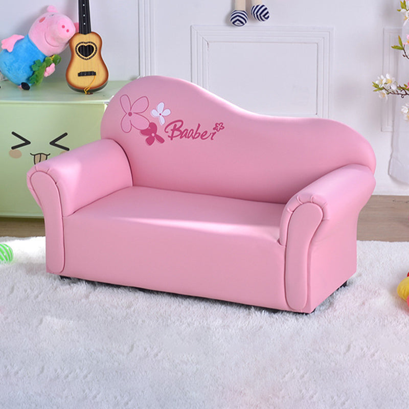 Canapé pour enfants moderne minimaliste rectangulaire à bords arrondis en bois massif et cuir PU, avec dossier et accoudoirs, pour salon 