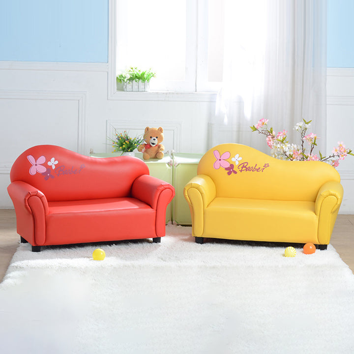 Canapé pour enfants moderne minimaliste rectangulaire à bords arrondis en bois massif et cuir PU, avec dossier et accoudoirs, pour salon 