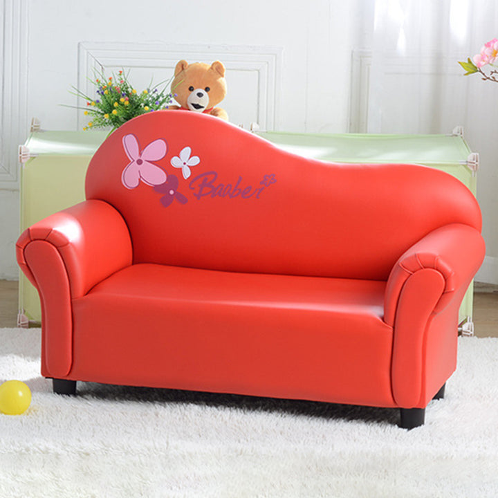 Canapé pour enfants moderne minimaliste rectangulaire à bords arrondis en bois massif et cuir PU, avec dossier et accoudoirs, pour salon 